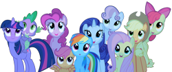 Size: 4000x1678 | Tagged: safe, artist:stinkehund, imported from derpibooru, apple bloom, applejack, fluttershy, pinkie pie, rainbow dash, rarity, scootaloo, spike, sweetie belle, twilight sparkle, dragon, earth pony, pegasus, pony, unicorn, owl's well that ends well, cutie mark crusaders, female, filly, foal, looking up, male, mane seven, mane six, mare, simple background, transparent background, vector