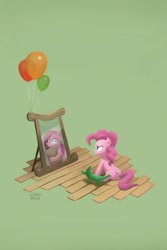 Size: 601x902 | Tagged: safe, artist:chowdown, imported from derpibooru, gummy, pinkie pie, balloon, duality, mirror, pinkamena diane pie