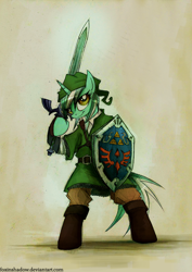 Size: 706x1000 | Tagged: safe, artist:foxinshadow, imported from derpibooru, lyra heartstrings, pony, unicorn, bipedal, female, hylian shield, link, master sword, parody, shield, solo, sword, the legend of zelda