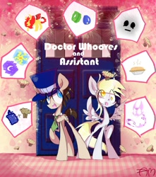 Size: 1080x1224 | Tagged: dead source, safe, artist:yuji8sushi, imported from derpibooru, derpy hooves, doctor whooves, time turner, earth pony, pegasus, pony, doctor whooves and assistant, doctor who, duo, female, male, mare, necktie, raised hoof, stallion, tardis, the doctor