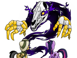 Size: 1024x768 | Tagged: safe, artist:rambopvp, imported from derpibooru, daring do, twilight sparkle, ghost, chains, horse skull, monster, skeletal hands, skeletal limbs