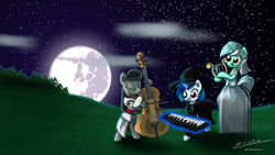 Size: 2000x1125 | Tagged: safe, artist:esuka, imported from derpibooru, dj pon-3, lyra heartstrings, octavia melody, vinyl scratch, earth pony, pony, unicorn, cello, eyes closed, female, full moon, gravestone, harp, keyboard, lyre, mare in the moon, moon, musical instrument, night, nightmare night