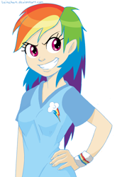 Size: 936x1415 | Tagged: safe, artist:lainchan, imported from derpibooru, rainbow dash, human, breasts, busty rainbow dash, female, grin, humanized, solo, wristband