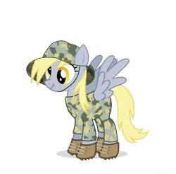 Size: 902x886 | Tagged: safe, artist:ponyrake, imported from derpibooru, derpy hooves, pegasus, pony, camouflage, clothes, female, hat, mare, simple background, solo, spread wings, transparent background, uniform, wings