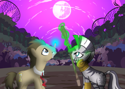 Size: 2315x1637 | Tagged: safe, artist:trotsworth, imported from derpibooru, doctor whooves, time turner, zecora, earth pony, pony, zebra, crossover, doctor who, duo, female, male, mare, mare in the moon, moon, night, sonic screwdriver, stallion, the doctor, twilight (astronomy)