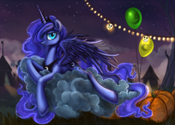 Size: 1900x1363 | Tagged: safe, artist:nyarmarr, imported from derpibooru, princess luna, alicorn, pony, balloon, cloud, female, nightmare night, pumpkin, smiling, solo
