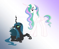 Size: 1600x1345 | Tagged: dead source, safe, artist:wolfsknight, imported from derpibooru, princess celestia, queen chrysalis, alicorn, changeling, changeling queen, pony, chryslestia, duo, eye contact, female, frown, gradient background, lesbian, looking up, missing accessory, prone, redemption, shipping, smiling