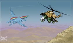 Size: 1170x700 | Tagged: safe, artist:jhonnyrebel, imported from derpibooru, rainbow dash, tank, pegasus, pony, anatomically incorrect, attack helicopter, duo, floppy ears, flying, glare, goggles, helicopter, helmet, hind, incorrect leg anatomy, mi-24, pet, smirk, spread wings, sunglasses, visor, wat, windswept mane