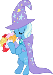 Size: 2850x4000 | Tagged: safe, artist:spaceponies, imported from derpibooru, trixie, pony, unicorn, bipedal, bouquet, cape, clothes, eyes closed, female, flower, hat, high res, mare, simple background, smiling, solo, transparent background, trixie's cape, trixie's hat, vector