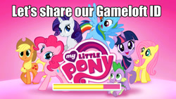 Size: 1280x720 | Tagged: safe, imported from derpibooru, applejack, fluttershy, pinkie pie, rainbow dash, rarity, spike, twilight sparkle, game, gameloft, image macro, loading screen, mane seven, mane six, meme, my little pony logo