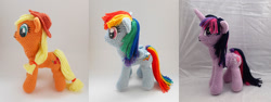 Size: 1500x563 | Tagged: safe, artist:enphra, imported from derpibooru, applejack, rainbow dash, twilight sparkle, pony, amigurumi, crochet, irl, photo, plushie