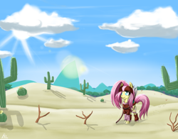 Size: 1400x1100 | Tagged: safe, artist:reikomuffin, imported from derpibooru, fluttershy, badass, bow, bow (weapon), cactus, desert, flutterbadass, palindrome get