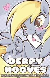 Size: 418x650 | Tagged: safe, artist:mooglegurl, imported from derpibooru, derpy hooves, pegasus, pony, blushing, female, heart, letter, mailmare, mare, mouth hold, solo, spread wings, wings