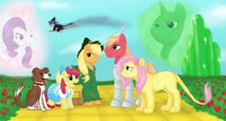 Size: 900x482 | Tagged: dead source, safe, artist:cartoonlion, imported from derpibooru, apple bloom, applejack, big macintosh, fluttershy, rarity, trixie, twilight sparkle, winona, crossover, flutterlion, species swap, the wizard of oz