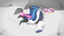 Size: 1920x1080 | Tagged: safe, artist:regolithx, imported from derpibooru, princess cadance, shining armor, couple, full body, knocked out, kubrick stare, lying down, magic, magic aura, prone, show accurate, snow