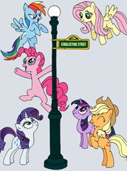 Size: 569x771 | Tagged: safe, artist:hirake! pony key, imported from derpibooru, applejack, fluttershy, pinkie pie, rainbow dash, rarity, twilight sparkle, earth pony, pegasus, pony, unicorn, cobblestone street, crossover, eyes closed, female, lamppost, looking up, mane six, mare, my little pony meets sesame street, sesame street, street sign, unicorn twilight