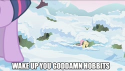 Size: 1067x609 | Tagged: safe, edit, edited screencap, imported from derpibooru, screencap, fluttershy, twilight sparkle, pony, winter wrap up, butt, caption, female, flutterbutt, hobbits, mare, plot, snow, vulgar
