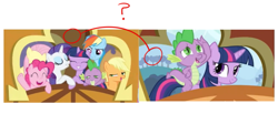 Size: 885x364 | Tagged: safe, imported from derpibooru, applejack, fluttershy, pinkie pie, rainbow dash, rarity, spike, twilight sparkle, dragon, earth pony, pegasus, pony, unicorn, spoiler:s03, ^^, applejack's hat, cowboy hat, error, eyes closed, hat, lidded eyes, mane seven, mane six, open mouth, the ass was fat, unicorn twilight