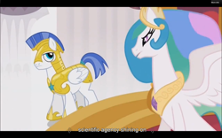 Size: 1024x640 | Tagged: safe, imported from derpibooru, screencap, princess celestia, alicorn, pegasus, pony, the crystal empire, duo, female, male, mare, pegasus royal guard, royal guard, stallion, youtube caption