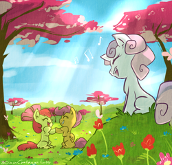 Size: 1042x1000 | Tagged: safe, artist:atryl, imported from derpibooru, apple bloom, scootaloo, sweetie belle, earth pony, pegasus, pony, unicorn, adorabloom, bow, crepuscular rays, cute, cutealoo, cutie mark crusaders, diasweetes, eyes closed, female, filly, flower, grass, hair bow, pattycakes, playing, singing, smiling