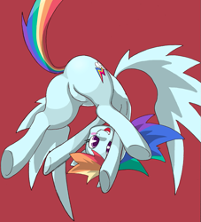 Size: 801x884 | Tagged: safe, artist:8->, imported from derpibooru, rainbow dash, butt, featureless crotch, looking between legs, pixiv, plot, upside down