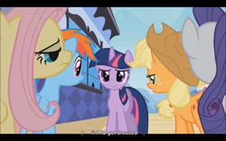 Size: 1024x640 | Tagged: safe, imported from derpibooru, screencap, applejack, fluttershy, rainbow dash, rarity, twilight sparkle, the crystal empire, youtube caption