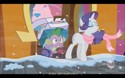 Size: 1024x640 | Tagged: safe, imported from derpibooru, screencap, rarity, spike, the crystal empire, youtube caption