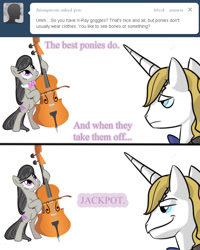 Size: 640x800 | Tagged: safe, artist:ttturboman, imported from derpibooru, octavia melody, prince blueblood, pony, ask blueblood, ask, bipedal, bowtie, cello, eyes on the prize, frown, hoof hold, lewd, lidded eyes, musical instrument, smiling, smirk, tumblr, we don't normally wear clothes