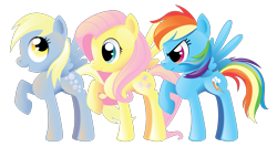 Size: 1443x770 | Tagged: safe, artist:spacekitty, deleted from derpibooru, imported from derpibooru, derpy hooves, fluttershy, rainbow dash, pegasus, pony, cute, female, mare, simple background, transparent background, trio, vector