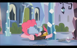 Size: 1024x640 | Tagged: safe, imported from derpibooru, screencap, pinkie pie, the crystal empire, pinkie spy, youtube caption