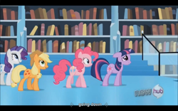 Size: 1024x640 | Tagged: safe, imported from derpibooru, screencap, applejack, pinkie pie, rarity, twilight sparkle, the crystal empire, youtube caption