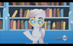 Size: 1024x640 | Tagged: safe, imported from derpibooru, screencap, amethyst maresbury, the crystal empire, book, bookshelf, hub logo, implied terrorist, library, youtube caption