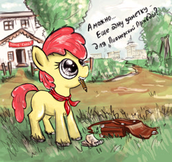 Size: 1024x964 | Tagged: safe, artist:agm, imported from derpibooru, apple bloom, earth pony, pony, ponyville confidential, female, filly, foal, mouth hold, russian, saddle bag, school, solo, soviet