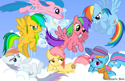 Size: 2000x1300 | Tagged: safe, artist:aquaticneon, imported from derpibooru, coconut grove, firefly, first born, masquerade (g1), patch (g1), rainbow dash, rainbow dash (g3), pegasus, my little pony tales, g1, g1 to g4, g3, g3 to g4, g4, generation leap, rainbow dash always dresses in style