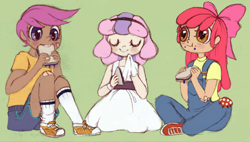 Size: 1280x729 | Tagged: safe, artist:jun-k-tastic, imported from derpibooru, apple bloom, scootaloo, sweetie belle, human, bandaid, clothes, cutie mark crusaders, dark skin, dress, eating, food, humanized, overalls, sandwich