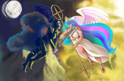 Size: 1280x840 | Tagged: safe, artist:jun-k-tastic, imported from derpibooru, nightmare moon, princess celestia, human, horned humanization, humanized, winged humanization