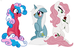 Size: 1161x751 | Tagged: safe, artist:faith-wolff, imported from derpibooru, cotton candy (g3), desert rose, starbeam, earth pony, pony, unicorn, blushing, cute, female, flower, g3, g3 adorabeam, g3 cottoncandybetes, g3 rosabetes, g3 to g4, g4, generation leap, mare, rose, simple background, transparent background, trio, unicorn starbeam