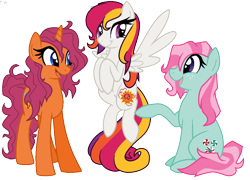 Size: 1116x805 | Tagged: safe, artist:faith-wolff, imported from derpibooru, minty, sparkleworks, sunny daze (g3), earth pony, pegasus, pony, unicorn, female, flying, g3, g3 to g4, g4, generation leap, mare, simple background, sitting, transparent background, trio