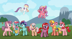 Size: 1000x538 | Tagged: safe, artist:whiteeyedcat, imported from derpibooru, berry bright, cupcake (g2), dainty dove (g2), ivy, light heart, moon shadow, moonshadow, morning glory, sugar belle (g2), sundance (g2), sunsparkle, tipsy tulip, bracelet, cake, flower, flower in mouth, food, g2, g2 to g4, g4, generation leap, glowing horn, grin, levitation, magic, messy eating, morning glory (g2), mouth hold, open mouth, raised hoof, smiling, telekinesis