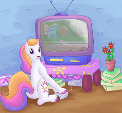 Size: 800x738 | Tagged: safe, artist:rikakitty, imported from derpibooru, light heart, lightheart, oc, pony, duo, female, g2, game, heart, looking at you, mare, open mouth, sega dreamcast, television