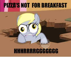 Size: 884x704 | Tagged: safe, imported from derpibooru, derpy hooves, pegasus, pony, caption, female, hub logo, mare, pizza's not for breakfast, special eyes, wat, whitest kids you know