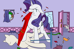 Size: 1500x1000 | Tagged: safe, artist:louis badalament, imported from derpibooru, rarity, sweetie belle, unicorn, pony pov series, alex warlorn, carousel boutique, clothes, crying, destruction, dress, fanfic, fanfic art, female, insanity, mannequin, reharmonized ponies, siblings, sisters