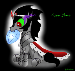 Size: 800x758 | Tagged: safe, artist:binikastar, imported from derpibooru, king sombra, pony, unicorn, armor, cape, clothes, colored horn, crystal heart, curved horn, cute, horn, male, mouth hold, solo, sombra eyes, sombra's horn, sombradorable, stallion