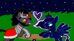 Size: 900x502 | Tagged: safe, artist:shadow4one, artist:tiffanythedarkcat, imported from derpibooru, king sombra, princess luna, alicorn, unicorn, date, date night, female, heart, looking at each other, looking at someone, lumbra, male, shipping, straight, table