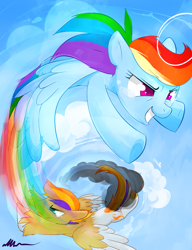 Size: 1181x1535 | Tagged: safe, artist:affanita, imported from derpibooru, rainbow dash, oc, pegasus, pony, cloud, colored pupils, crying, duo, female, flying, male, mare, signature, sky, stallion, trail, underhoof, unshorn fetlocks, vertigo