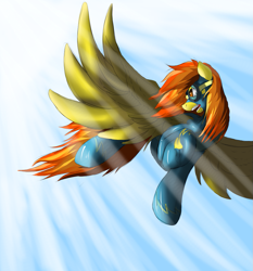 Size: 933x1000 | Tagged: safe, artist:jinyaranda, imported from derpibooru, spitfire, flying, large wings, solo, wonderbolts uniform