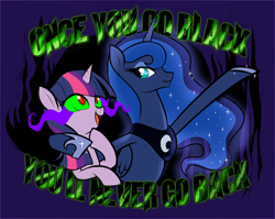 Size: 1600x1276 | Tagged: safe, artist:carykaiba, artist:uncreative_guy, imported from derpibooru, princess luna, twilight sparkle, oc, alicorn, unicorn, season 3, clothes, dark magic, female, green eyes, horn, looking back, mare, sombra eyes, t-shirt, unicorn oc, x x everywhere