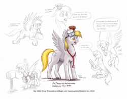 Size: 1254x980 | Tagged: safe, artist:baron engel, imported from derpibooru, derpy hooves, oc, oc:sky brush, pegasus, pony, female, head mirror, mailmare, mare, muffin, pencil drawing, stethoscope, traditional art