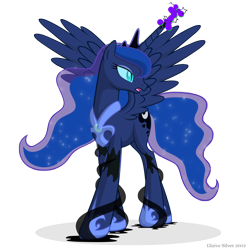 Size: 1500x1500 | Tagged: safe, artist:glaive-silver, imported from derpibooru, nightmare moon, princess luna, alicorn, corrupted, dark magic, frown, glare, looking back, nightmare luna, open mouth, simple background, slit eyes, slit pupils, solo, spread wings, tentacles, transformation, transparent background, vector, walking