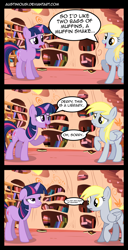 Size: 1490x2908 | Tagged: safe, artist:austiniousi, imported from derpibooru, derpy hooves, twilight sparkle, pegasus, pony, comic, female, golden oaks library, library, mare, twilight is not amused, twilight sparkle is not amused, unamused